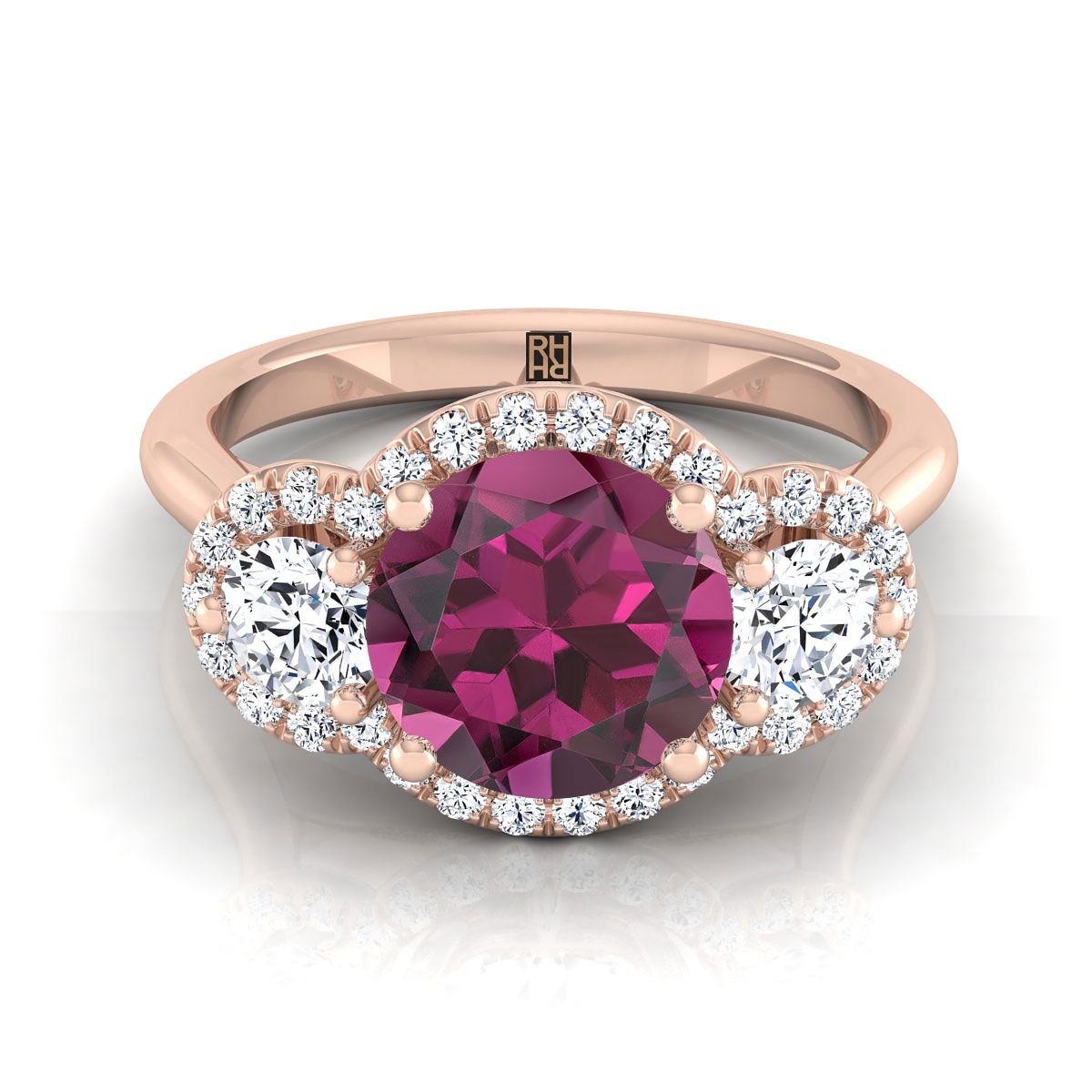 แหวนหมั้นสามก้อนเพชรฝรั่งเศสแบบปาเว่ทรงกลมเจียระไนแบบบริลเลียนต์สีโรสโกลด์ 14K ประดับการ์เนต - 1/2ctw