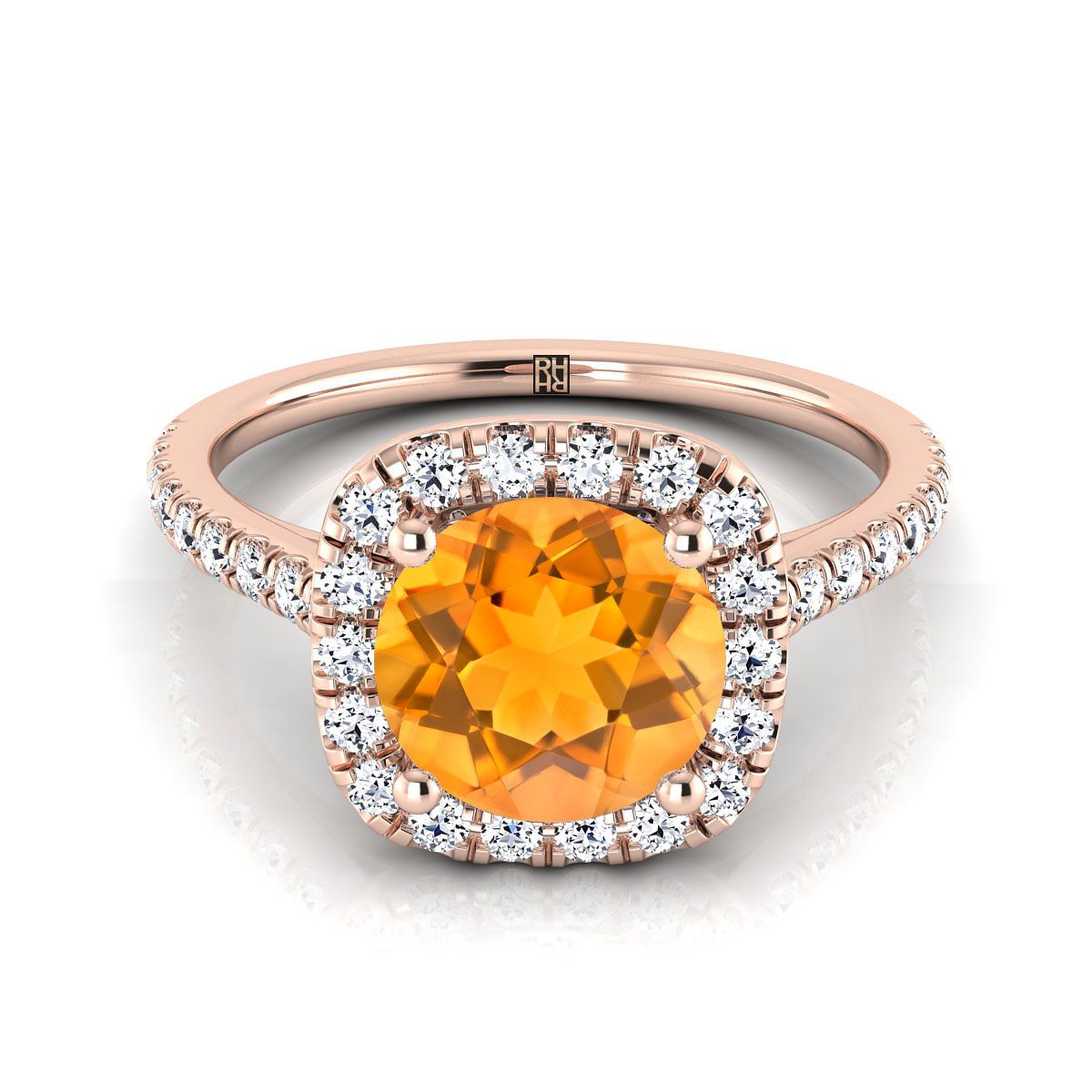 แหวนหมั้นประดับเพชรแบบพาเว่ทรงกลมล้อมด้วยซิทรินทรงกลมเจียระไนแบบบริลเลียนต์สีโรสโกลด์ 14K - 1/3 กะรัตรวม