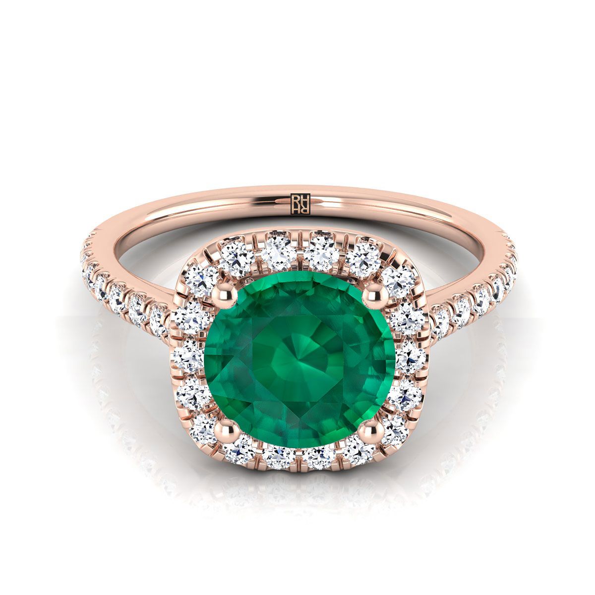 14K Rose Gold Round Brilliant Emerald Halo Diamond Pave Engagement Ring -1/3ctw