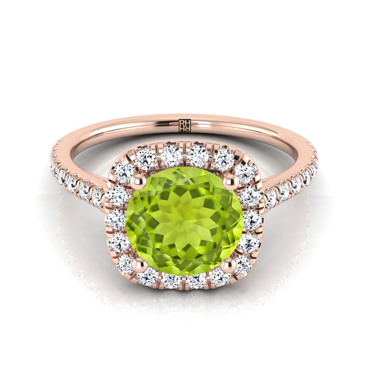 แหวนหมั้นเพชรประดับเพอริดอตทรงกลมเจียระไนแบบบริลเลียนต์ 14K ทองกุหลาบ พร้อมฮาโลและเพฟเพชร - 1/3ctw