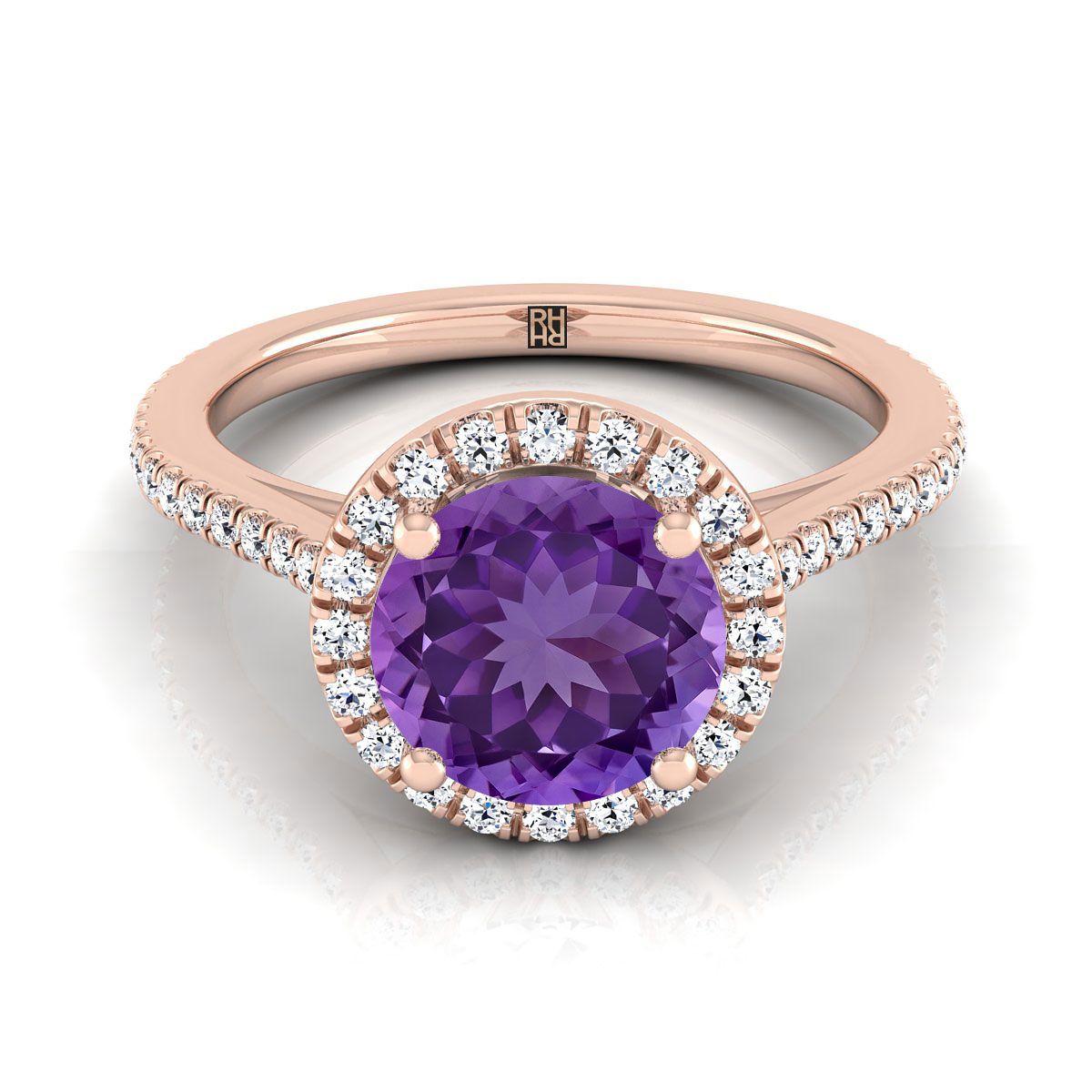 แหวนหมั้นแบบคลาสสิกฝรั่งเศสประดับเพชรทรงกลมเจียระไนแบบบริลเลียนต์ 14K โรสโกลด์ พร้อมฮาโลและเส้นตรง - 1/4ctw