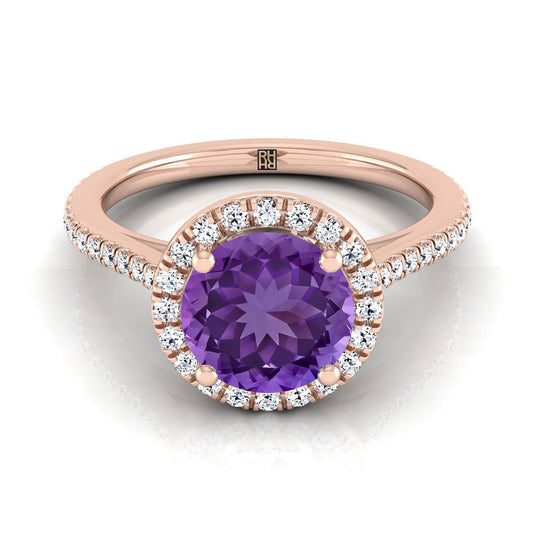 แหวนหมั้นแบบคลาสสิกฝรั่งเศสประดับเพชรทรงกลมเจียระไนแบบบริลเลียนต์ 14K โรสโกลด์ พร้อมฮาโลและเส้นตรง - 1/4ctw