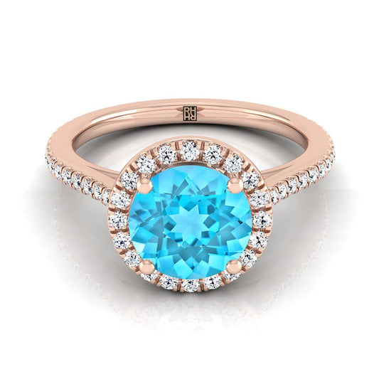 14K Rose Gold Round Brilliant Classic French Pave Halo and Linear Engagement Ring -1/4ctw