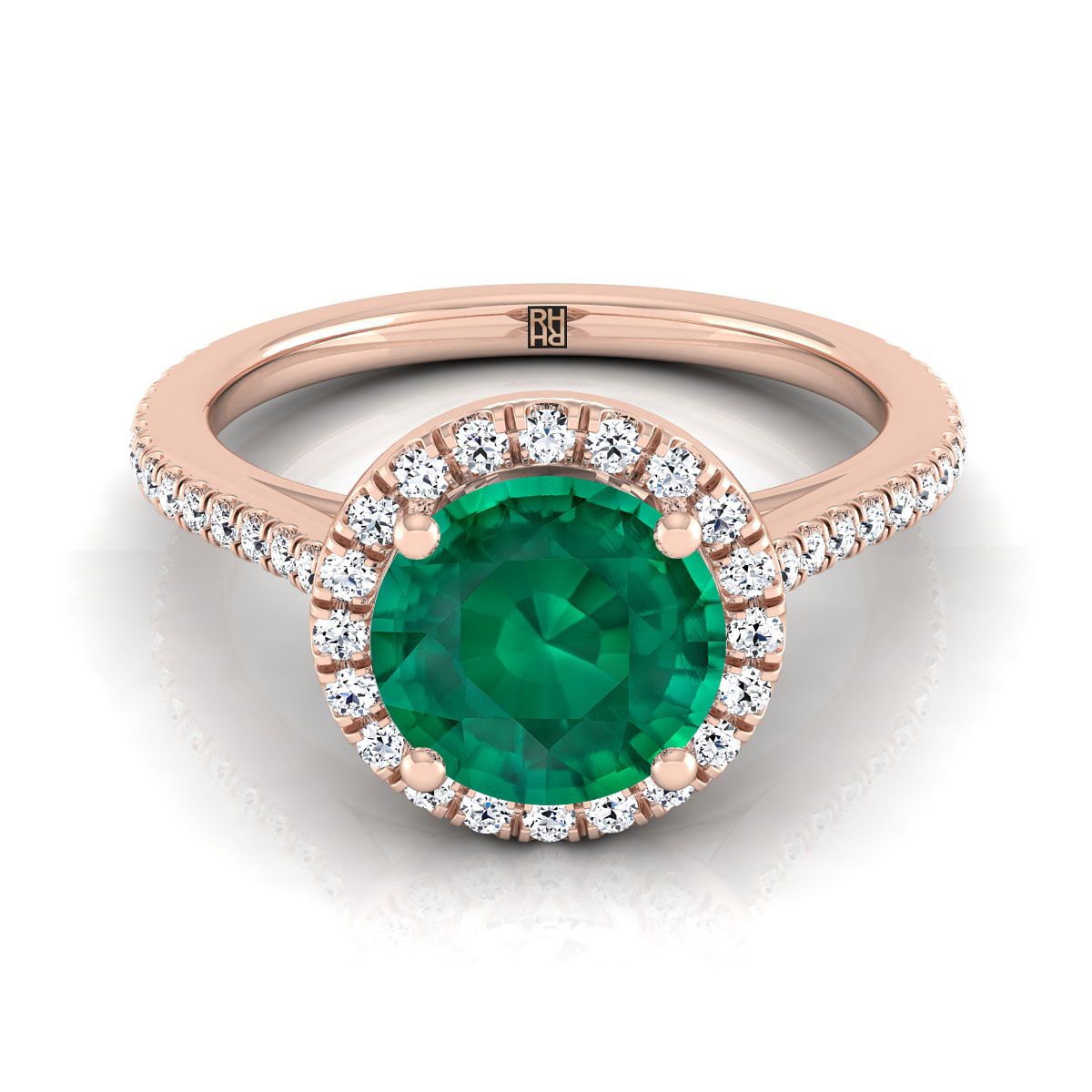 14K Rose Gold Round Brilliant Classic French Pave Halo and Linear Engagement Ring -1/4ctw