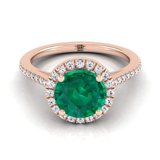 14K Rose Gold Round Brilliant Classic French Pave Halo and Linear Engagement Ring -1/4ctw