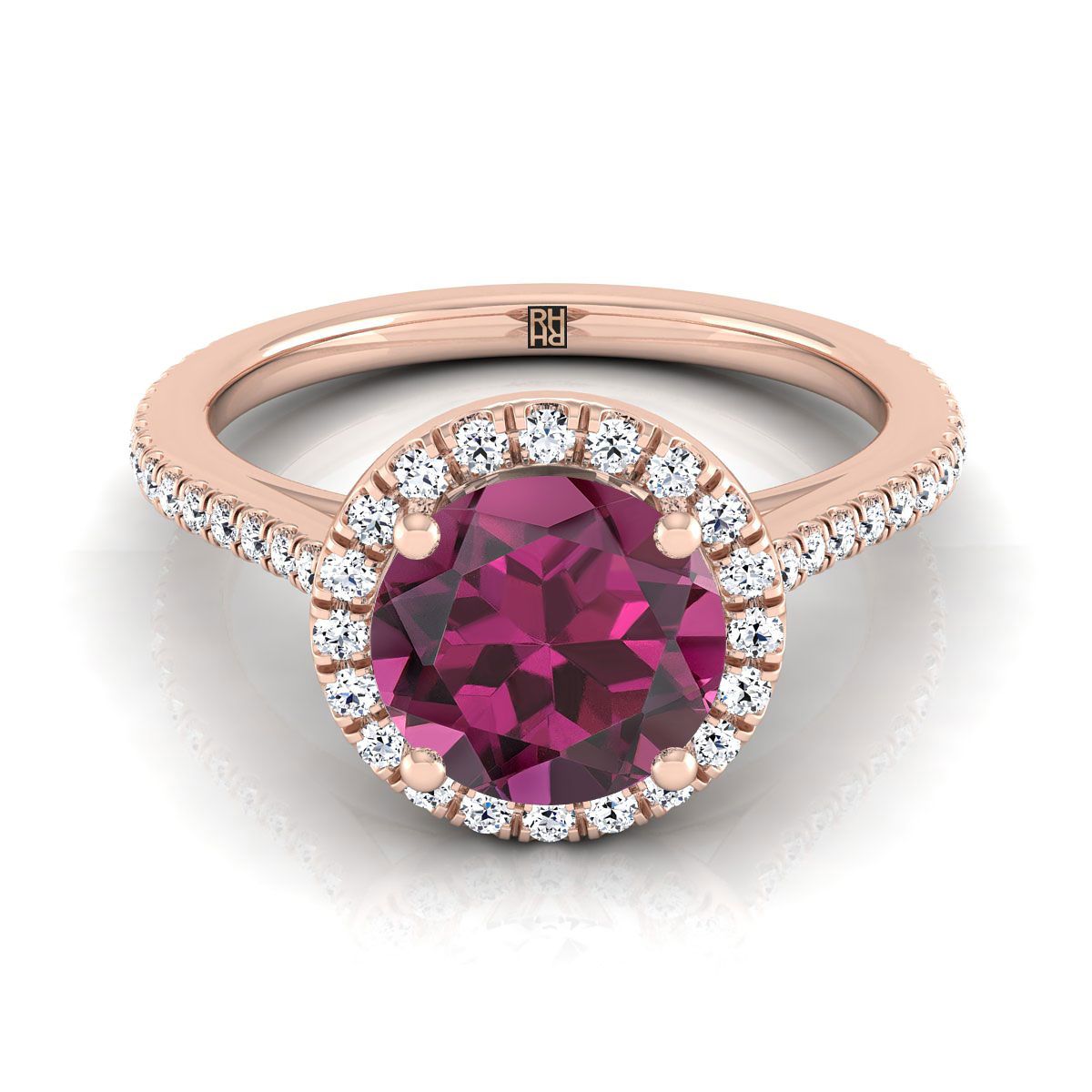 14K Rose Gold Round Brilliant Classic French Pave Halo and Linear Engagement Ring -1/4ctw