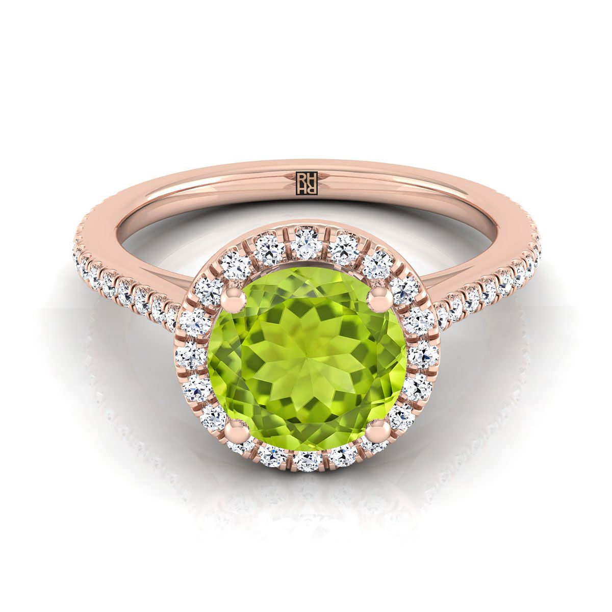 แหวนหมั้นแบบคลาสสิกฝรั่งเศสประดับเพชรทรงกลมเจียระไนแบบบริลเลียนต์ 14K โรสโกลด์ พร้อมฮาโลและเส้นตรง - 1/4ctw