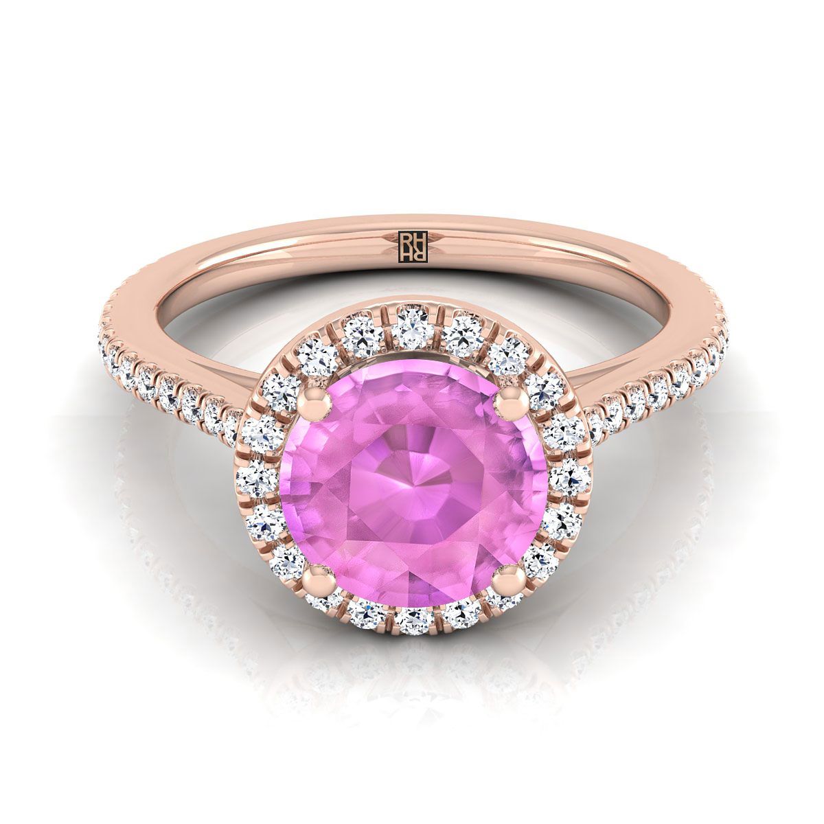 แหวนหมั้นแบบคลาสสิกฝรั่งเศสประดับเพชรทรงกลมเจียระไนแบบบริลเลียนต์ 14K โรสโกลด์ พร้อมฮาโลและเส้นตรง - 1/4ctw