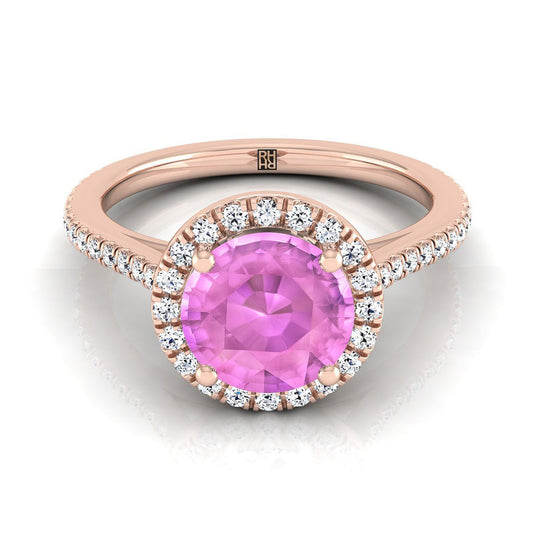 แหวนหมั้นแบบคลาสสิกฝรั่งเศสประดับเพชรทรงกลมเจียระไนแบบบริลเลียนต์ 14K โรสโกลด์ พร้อมฮาโลและเส้นตรง - 1/4ctw