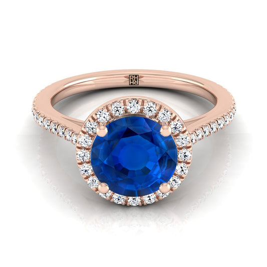 14K Rose Gold Round Brilliant Classic French Pave Halo and Linear Engagement Ring -1/4ctw