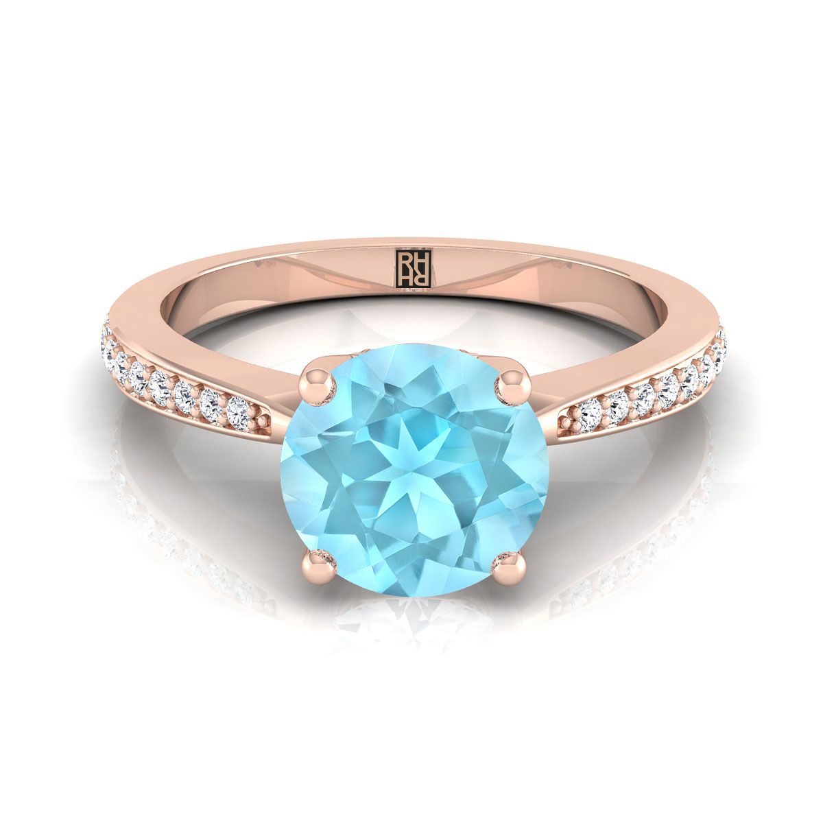 แหวนหมั้นเพชรแบบปูเรียงเรียวทรงกลมประดับอความารีนทรงกลมเจียระไนแบบบริลเลียนต์ 14K โรสโกลด์ - 1/8ctw