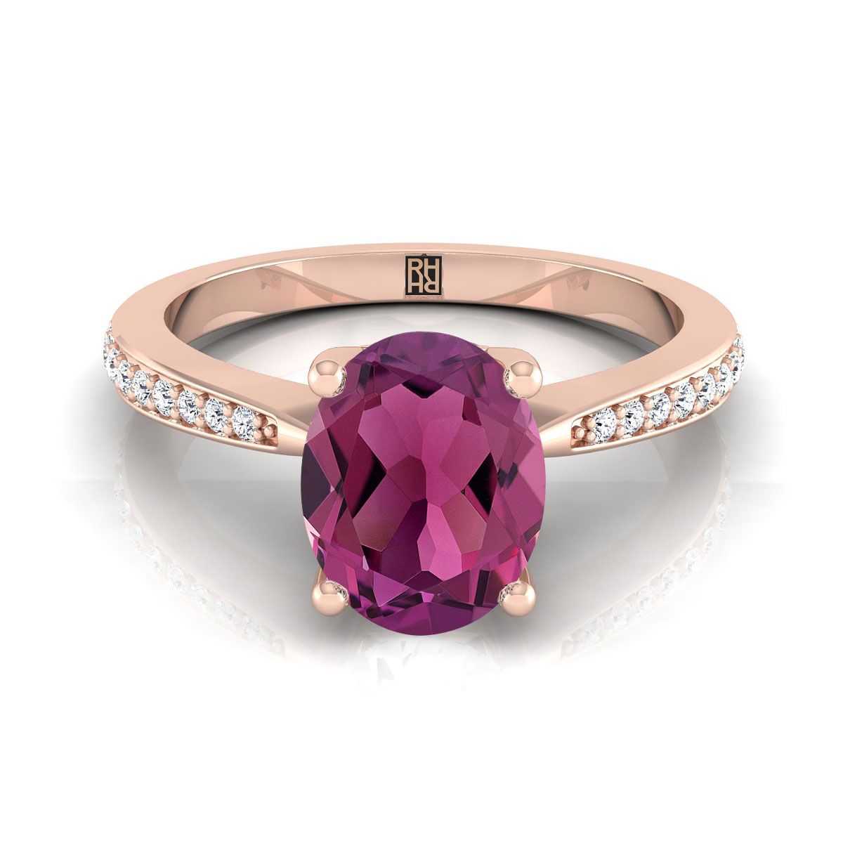 14K Rose Gold Oval Garnet Tapered Pave Diamond Engagement Ring -1/8ctw
