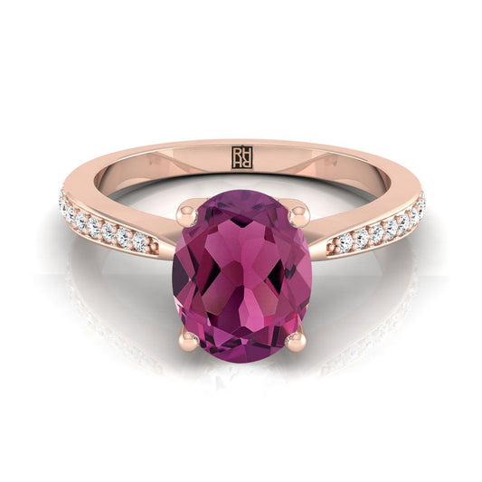 14K Rose Gold Oval Garnet Tapered Pave Diamond Engagement Ring -1/8ctw