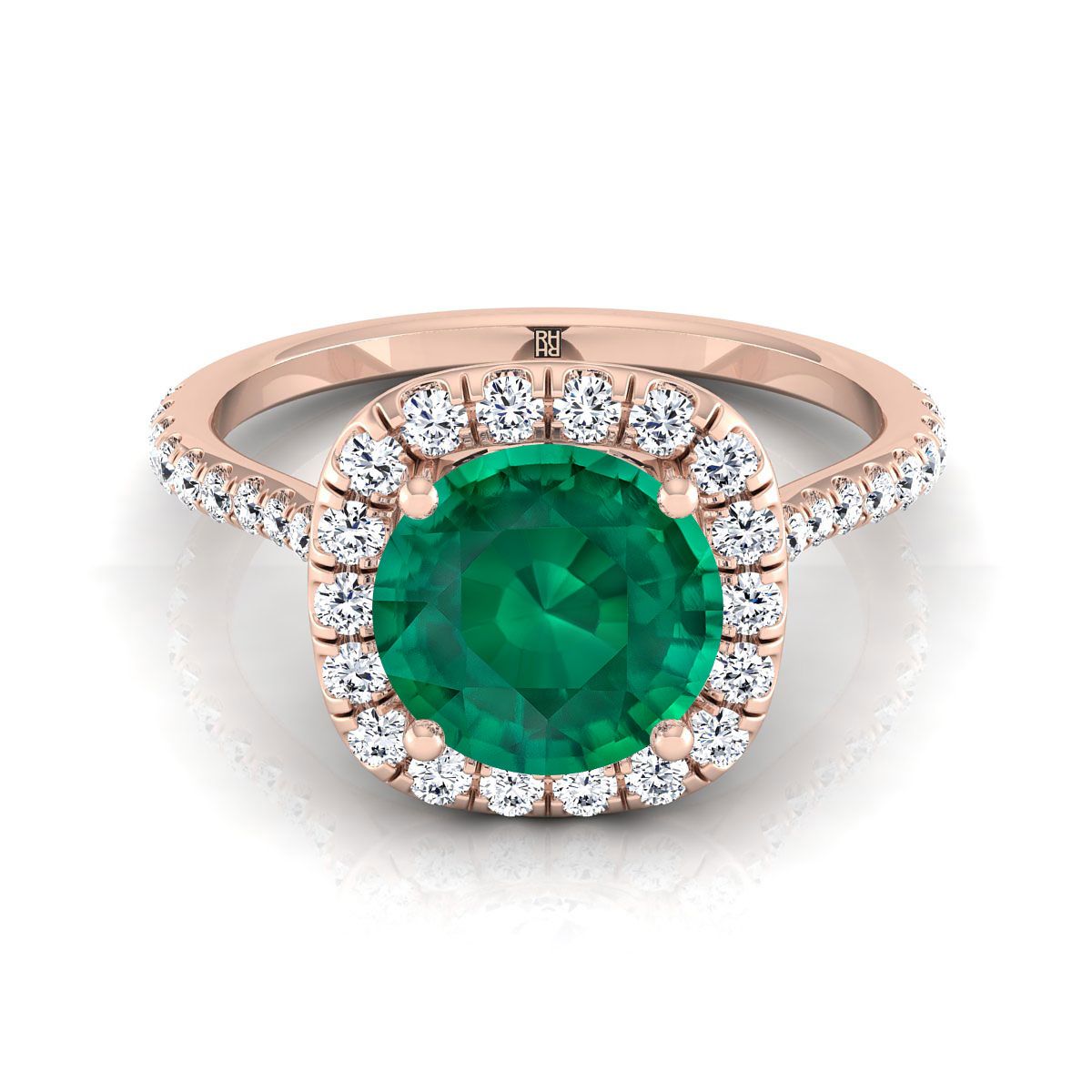 14K Rose Gold Round Brilliant Emerald Shared Prong Diamond Halo Engagement Ring -3/8ctw