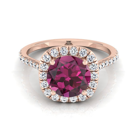 14K Rose Gold Round Brilliant Garnet Shared Prong Diamond Halo Engagement Ring -3/8ctw