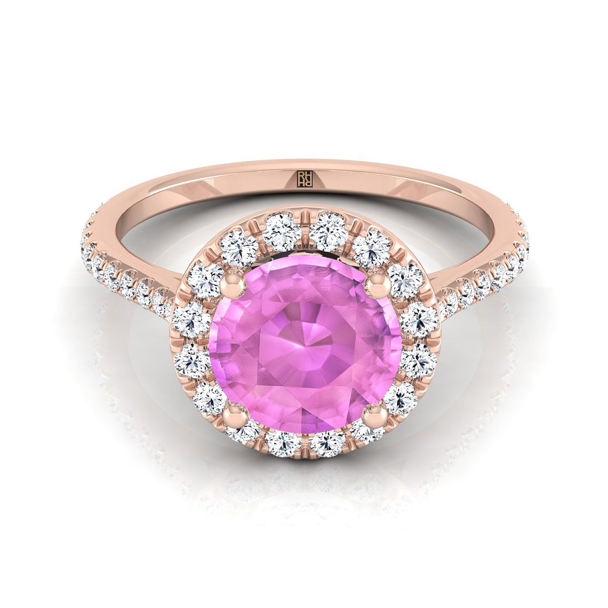 แหวนหมั้นทองคำชมพู 14K ประดับแซฟไฟร์สีชมพูและเพชรแบบพาเว่ น้ำหนักรวม 3/8 กะรัต