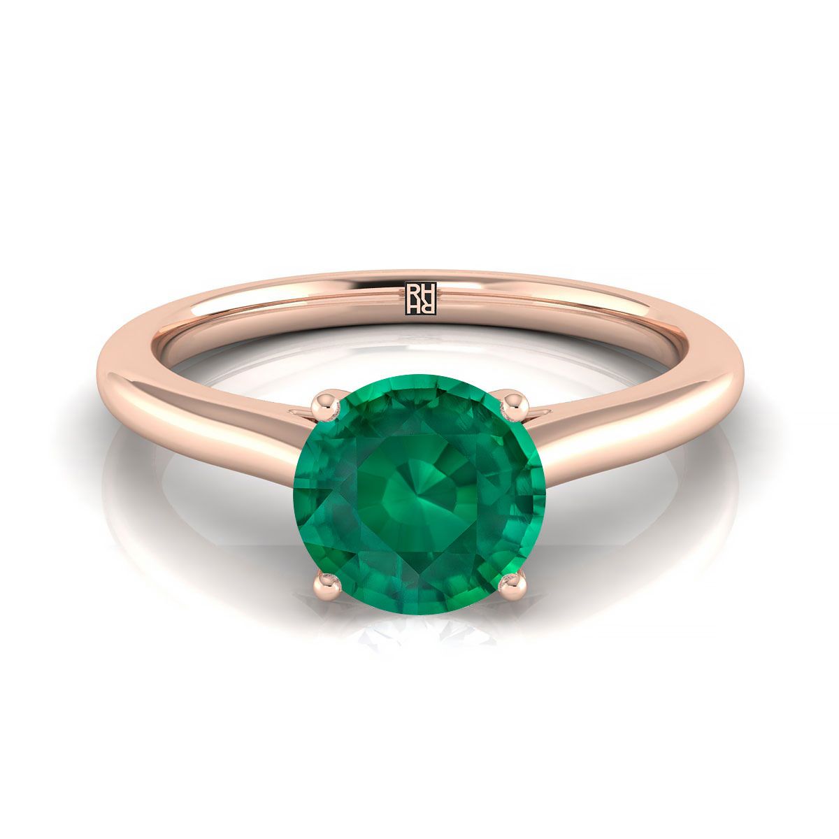 14K Rose Gold Round Brilliant Emerald Pinched Comfort Fit Claw Prong Solitaire Engagement Ring