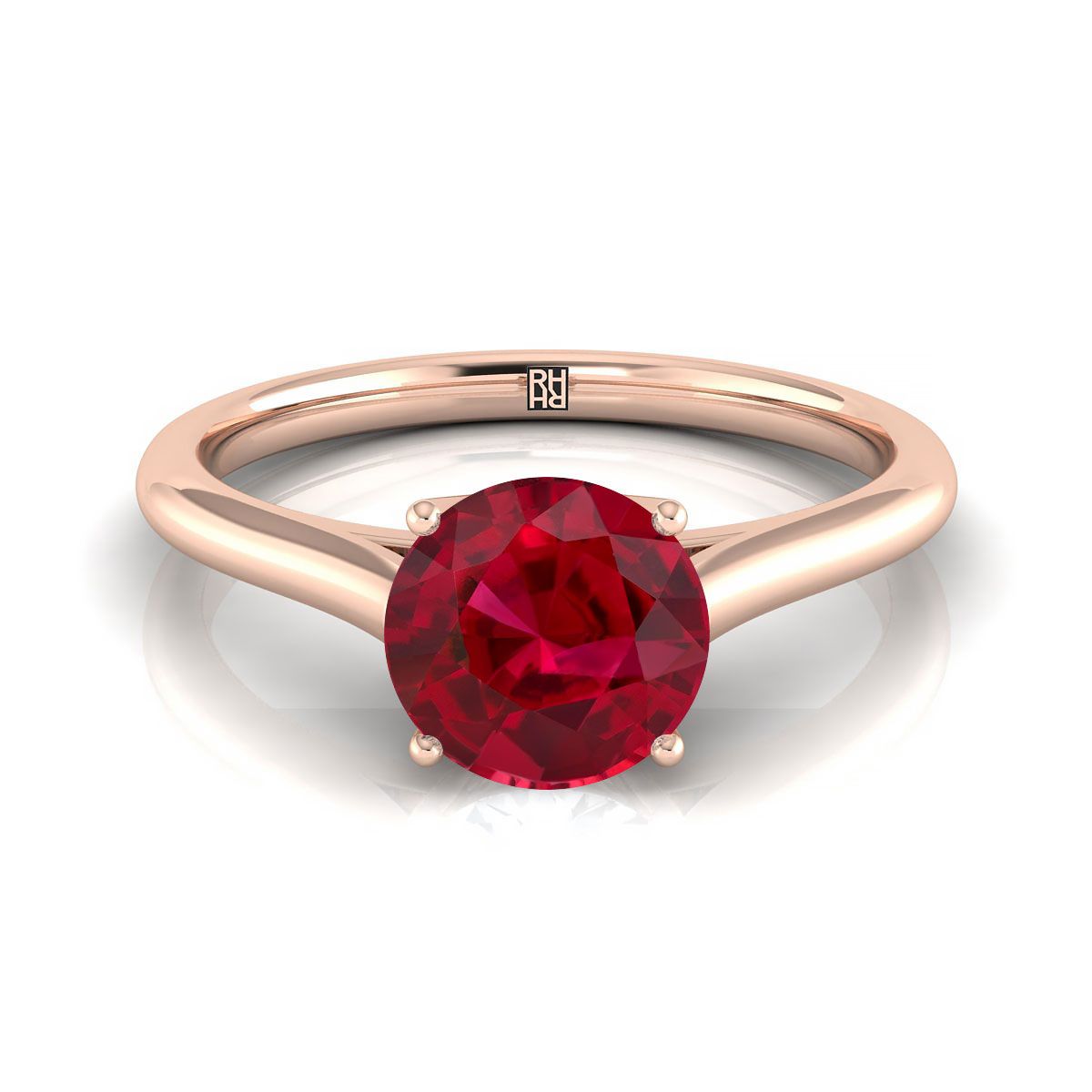 แหวนหมั้นเดี่ยวแบบคาทีดรัลสไตล์ ประกายกลมรูบี้ 14K ทองกุหลาบ