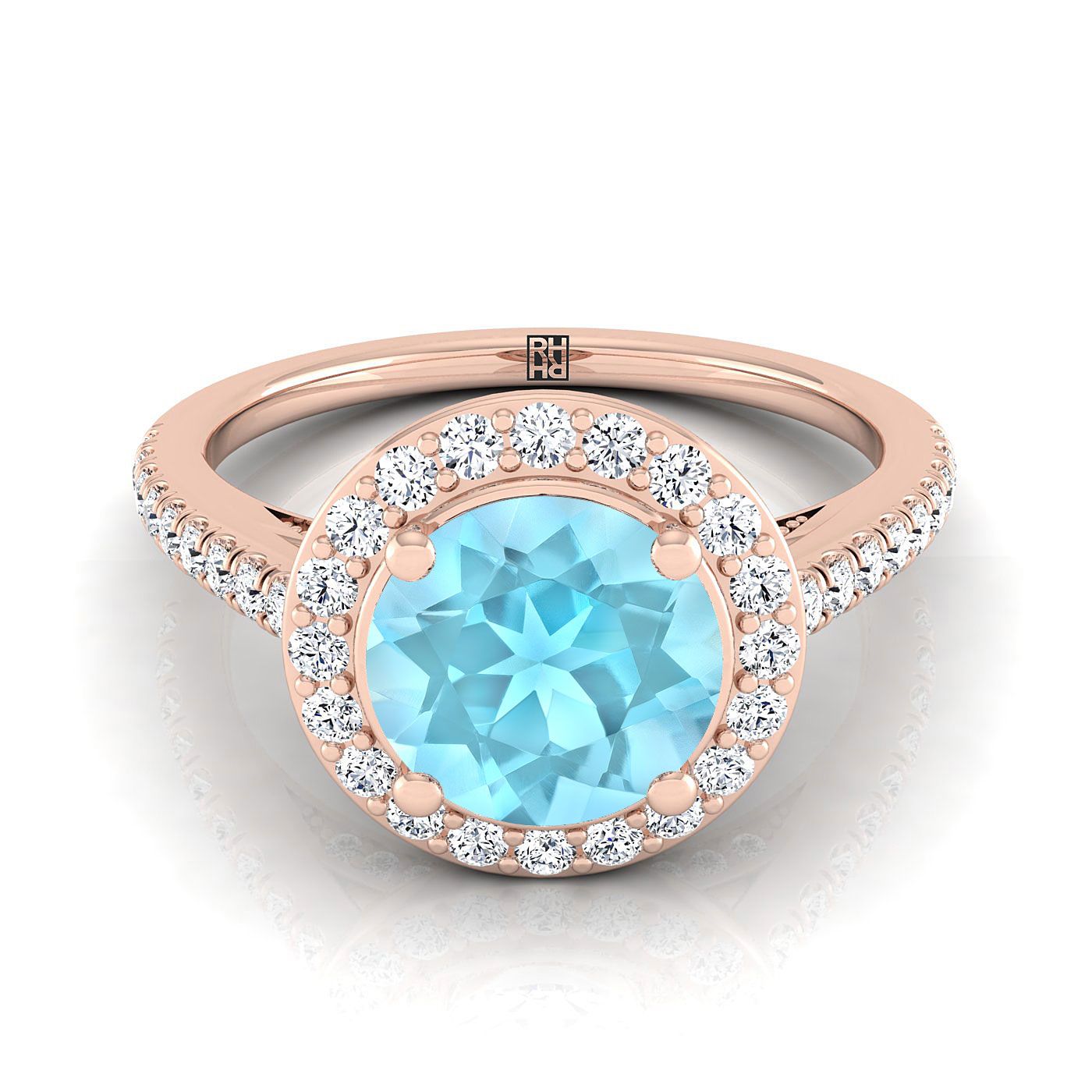 แหวนหมั้นเพชรแกลเลอรีลับแบบฮาโลว์ฝรั่งเศสประดับอะความารีนทรงกลมเจียระไนแบบบริลเลียนต์ 14K โรสโกลด์ - 3/8ctw