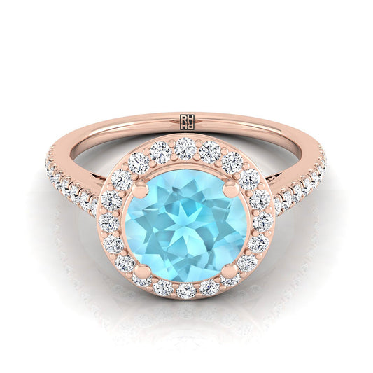 แหวนหมั้นเพชรแกลเลอรีลับแบบฮาโลว์ฝรั่งเศสประดับอะความารีนทรงกลมเจียระไนแบบบริลเลียนต์ 14K โรสโกลด์ - 3/8ctw