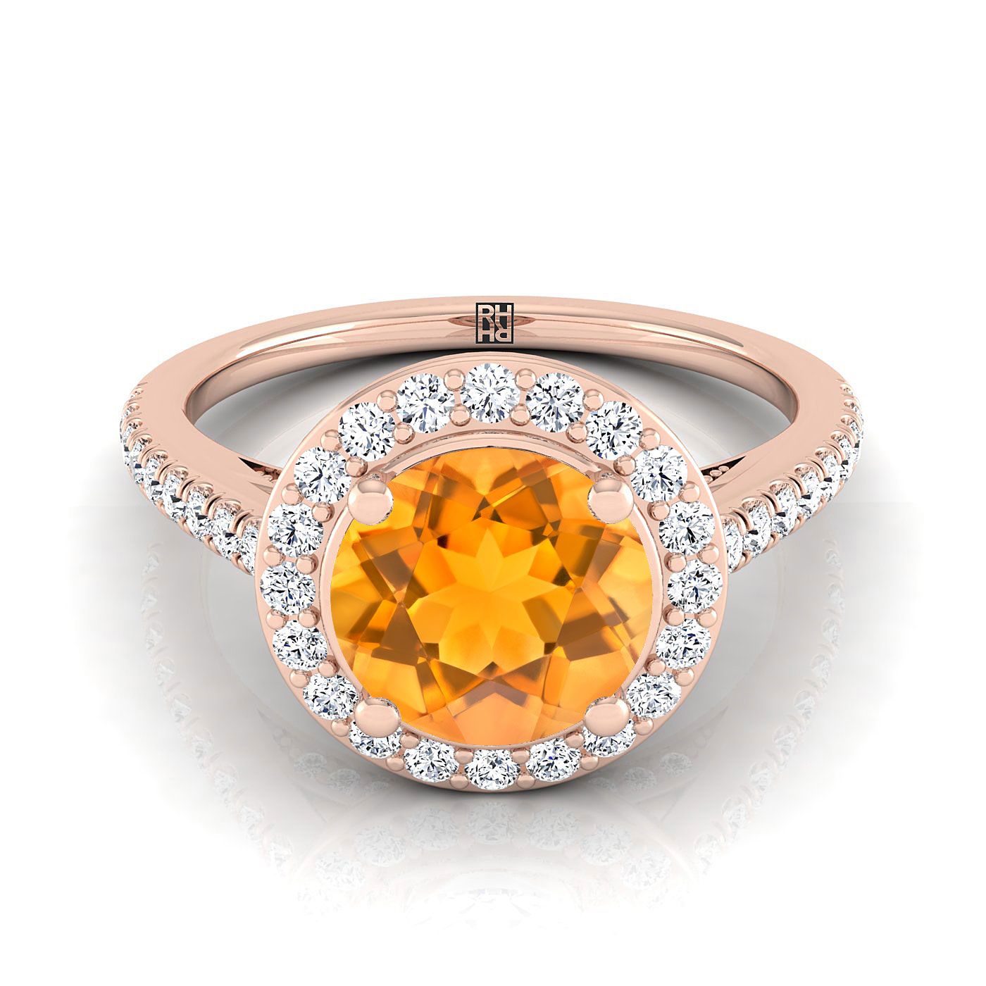 แหวนหมั้นเพชรแกลเลอรีลับแบบฝรั่งเศสประดับซิทรินทรงกลมเจียระไนแบบบริลเลียนต์ 14K โรสโกลด์ - 3/8ctw