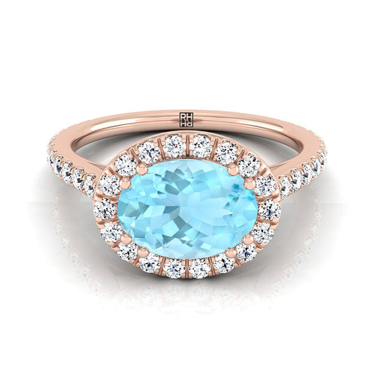 แหวนหมั้นเพชรฮาโลแฟนซีทรงรีอะความารีนแนวนอนสีโรสโกลด์ 14K - 1/2ctw