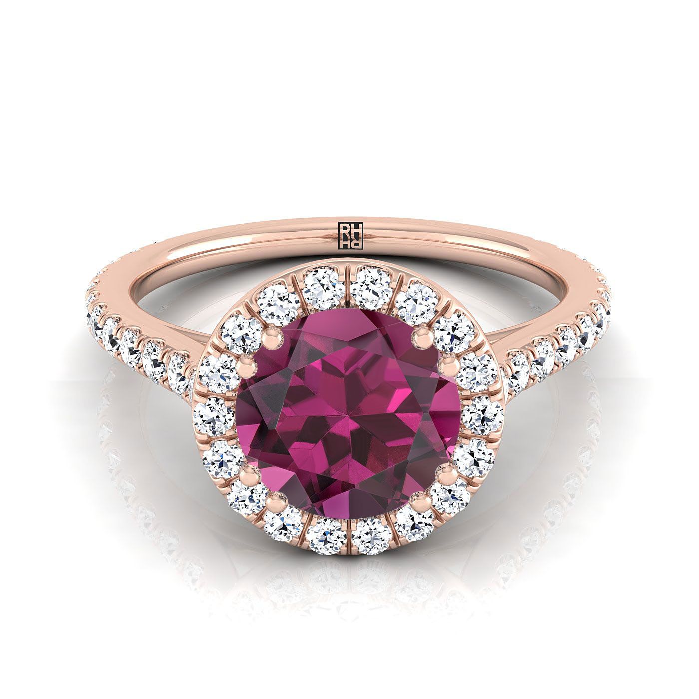 14K Rose Gold Round Brilliant Garnet Horizontal Fancy East West Diamond Halo Engagement Ring -1/2ctw