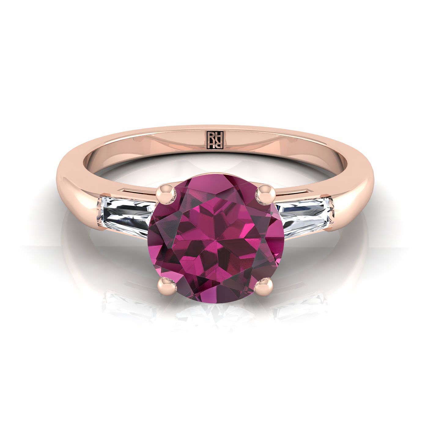 14K Rose Gold Round Brilliant Garnet Three Stone Tapered Baguette Engagement Ring -1/5ctw
