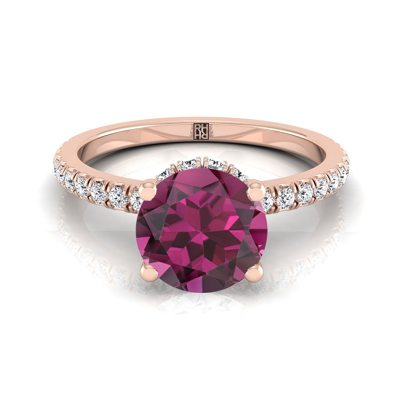 14K Rose Gold Round Brilliant Garnet Secret Diamond Halo French Pave Solitaire Engagement Ring -1/3ctw