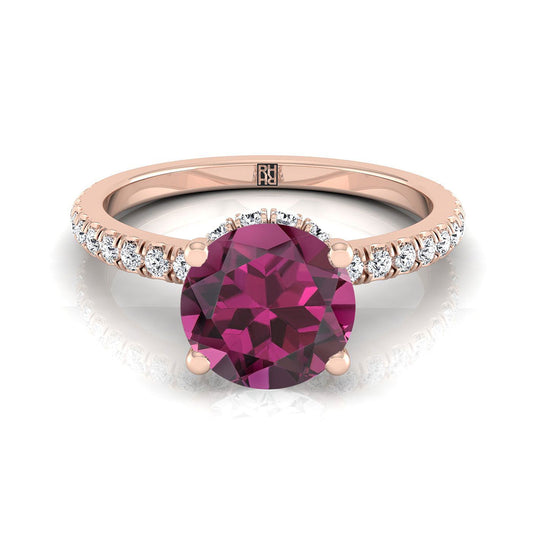 14K Rose Gold Round Brilliant Garnet Secret Diamond Halo French Pave Solitaire Engagement Ring -1/3ctw