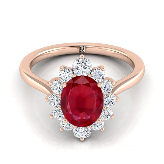 14K Rose Gold Oval Ruby Floral Diamond Halo Engagement Ring -1/2ctw