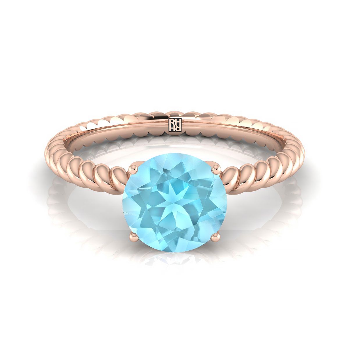 แหวนหมั้นเพชรเดี่ยวเชือกบิดทรงกลมอความารีนเจียระไนแบบบริลเลียนต์สีโรสโกลด์ 14K พร้อมเพชรเซอร์ไพรส์