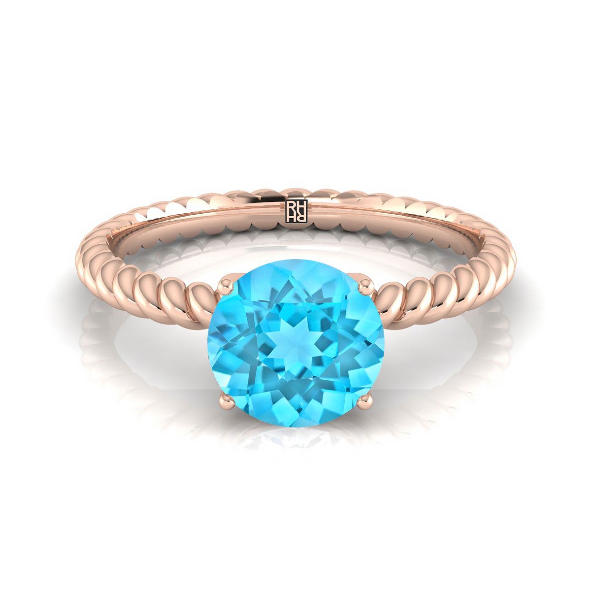 แหวนหมั้นเพชรเดี่ยวเชือกบิดทองกุหลาบ 14K ประดับทับทิมสวิสสีน้ำเงินทรงกลมเจียระไนแบบ Brilliant