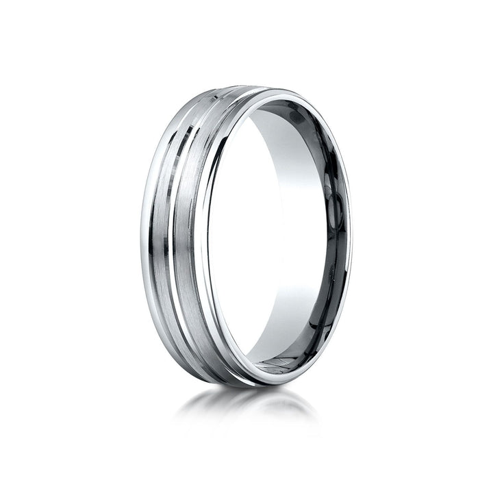 6mm Satin Finish High Polished Center Trim Carved Wedding Band, in 14K White Gold | RockHer