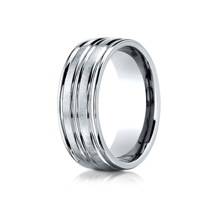 8mm Satin Finish High Polished Center Trim Carved Wedding Band, in 18K White Gold | RockHer