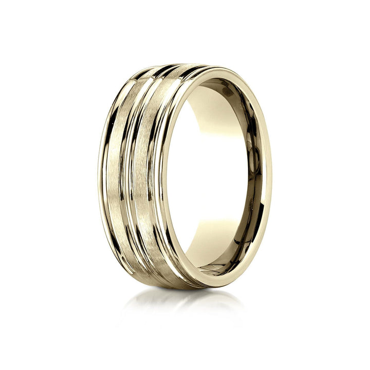 8mm Satin Finish High Polished Center Trim Carved Wedding Band, in 14K Yellow Gold | RockHer