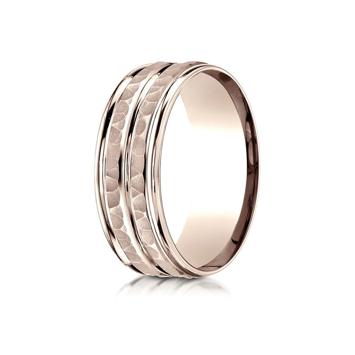 7.5mm High Polish Round Edge Carved Wedding Band, in 14K Rose Gold | RockHer