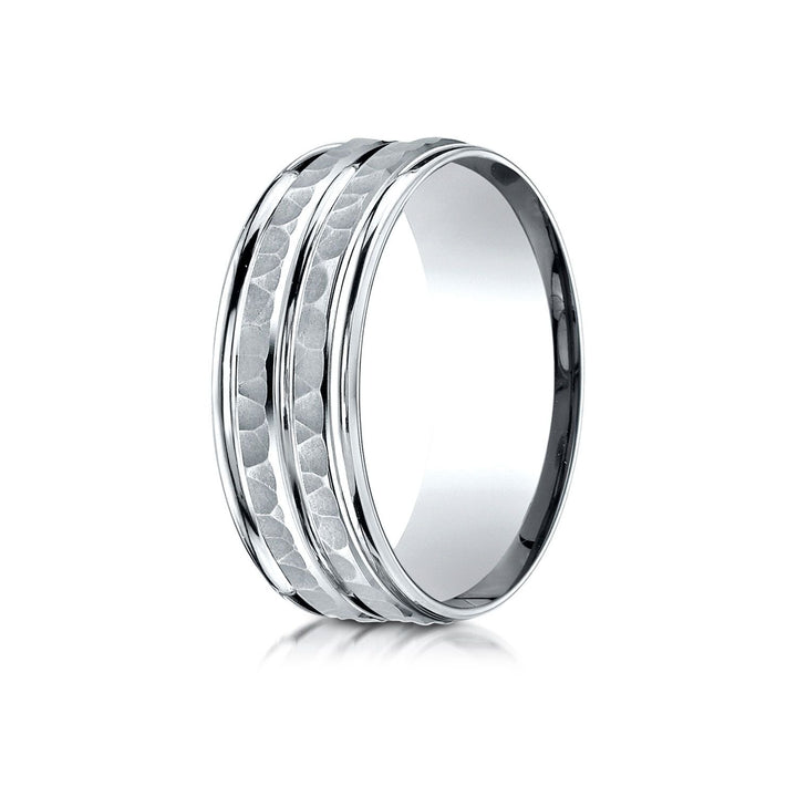 7.5mm High Polish Round Edge Carved Wedding Band, in 14K White Gold | RockHer