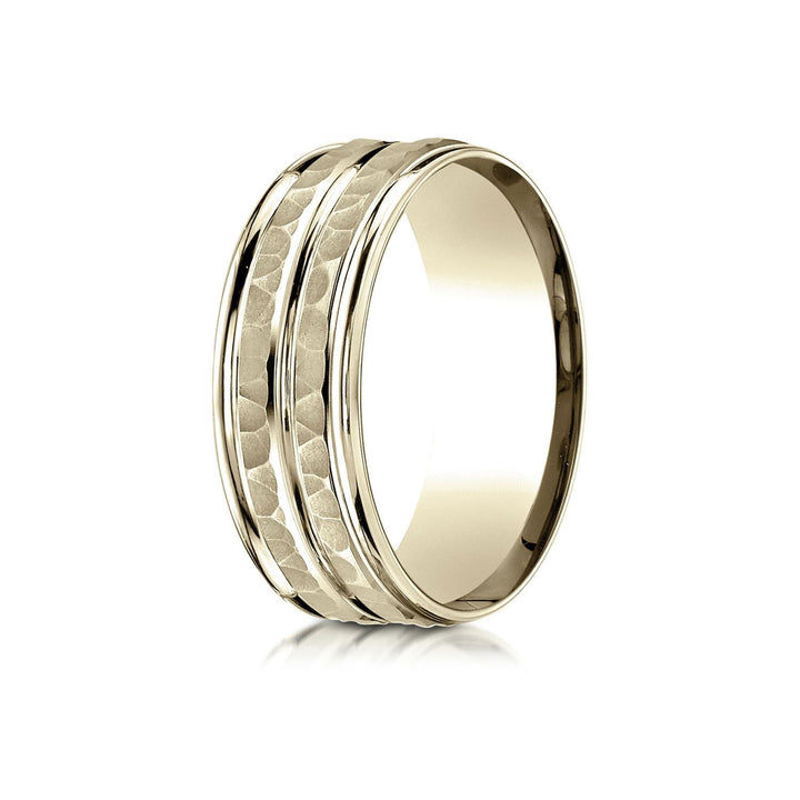 7.5mm High Polish Round Edge Carved Wedding Band, in 14K Yellow Gold | RockHer