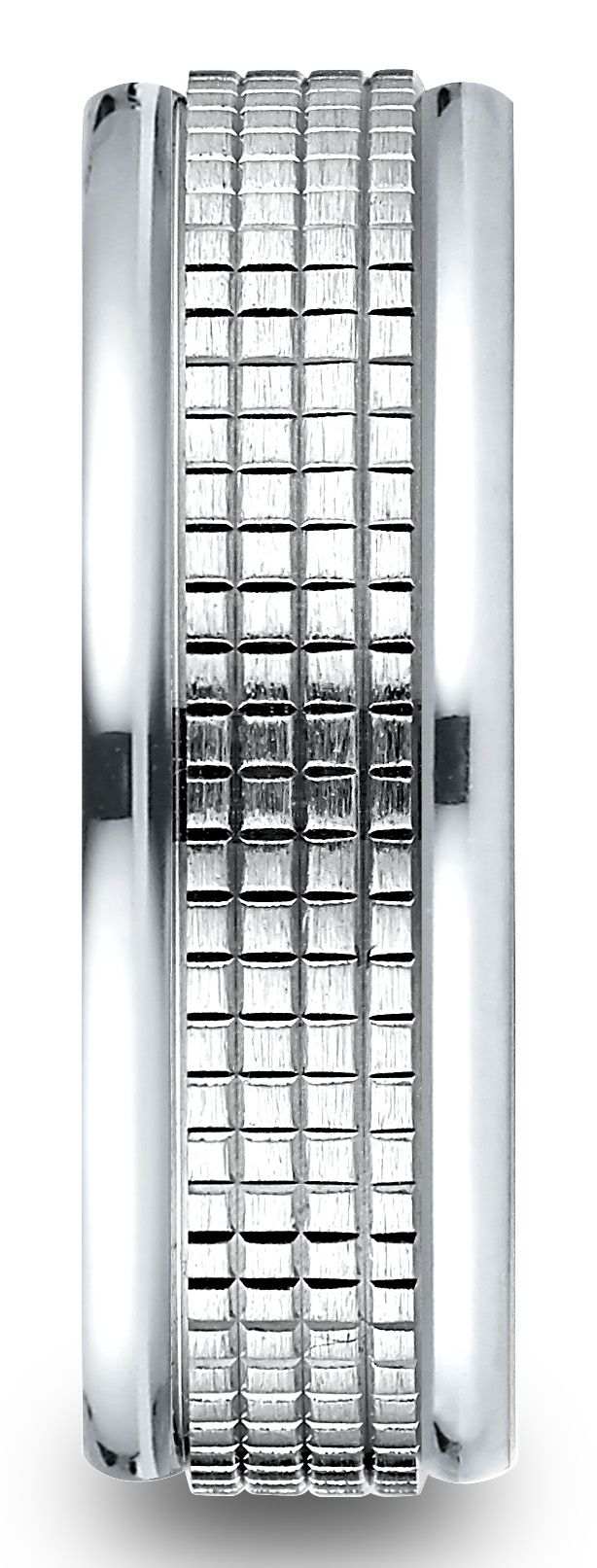แหวนทองคำขาว 14 กะรัต ขนาด 7 มม. แบบสบาย ฟิตเงา สูง ขอบกลม ลายตารางกลาง