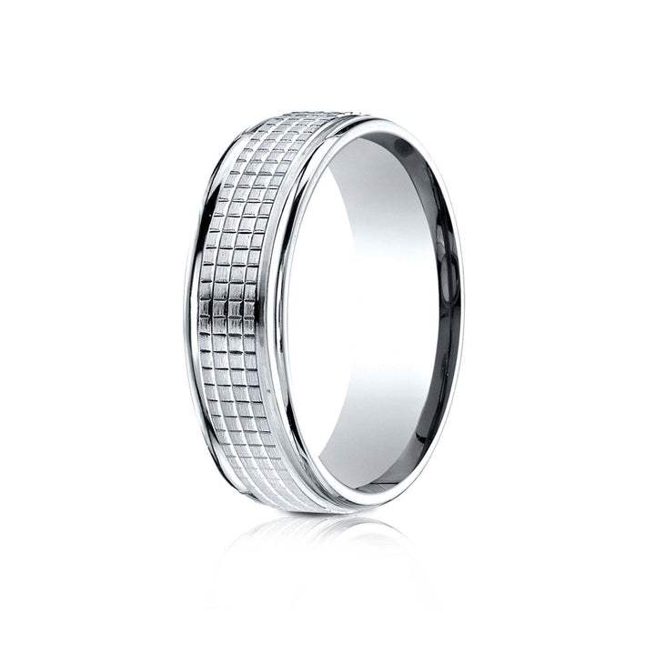 7mm High Polish Cross Hatch Center Carved Wedding Band, in 14K White Gold | RockHer