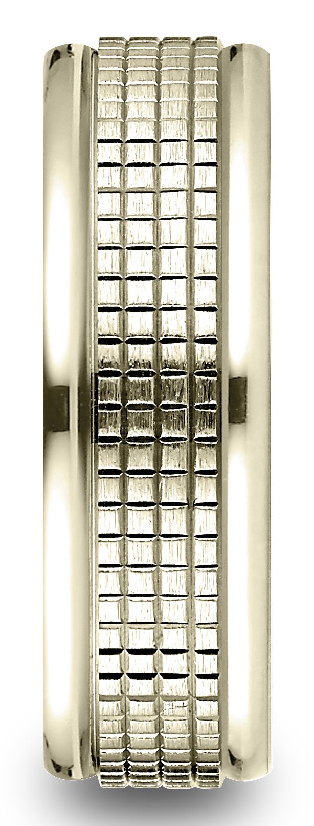 14 Karat Yellow Gold 7mm Comfort-fit High Polish Round Edge Cross Hatch Center Design Band