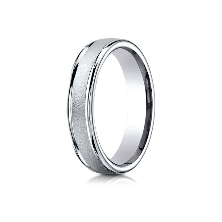 4mm Wired Finish High Polished Round Edge Carved Wedding Band, in 14K White Gold | RockHer