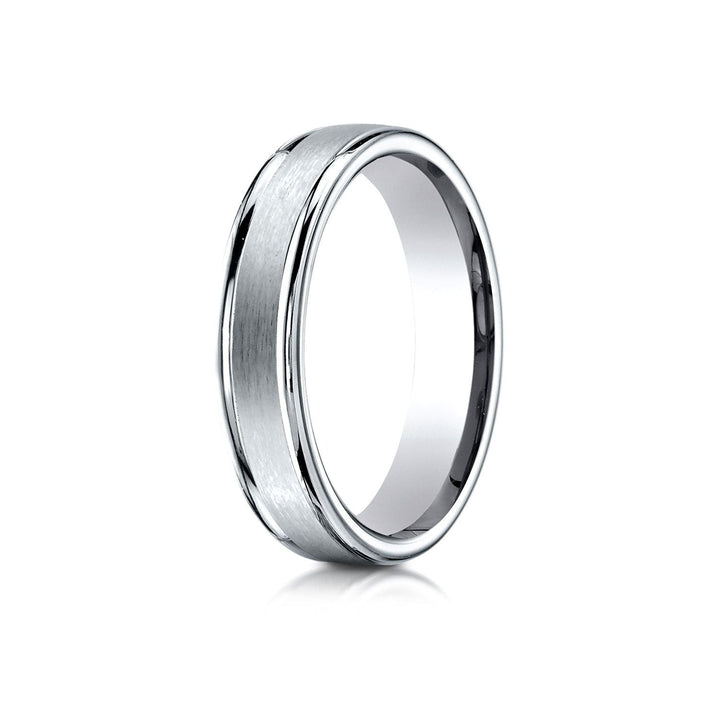 4mm Satin Finish High Polished Round Edge Carved Wedding Band, in 14K White Gold | RockHer