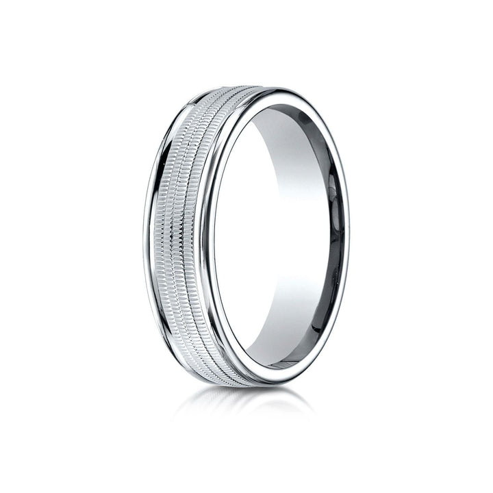 6mm High Polish Milgrain Round Edge Carved Wedding Band, in 18K White Gold | RockHer