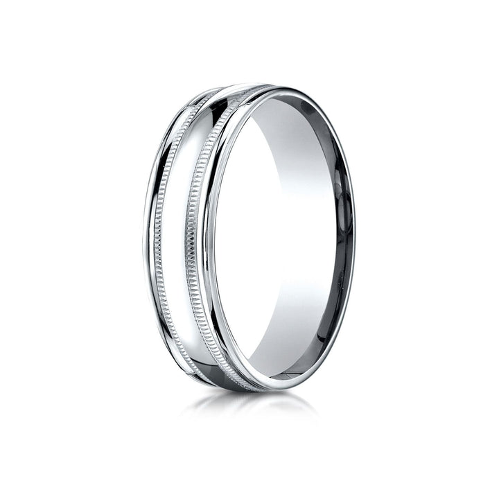 6mm High Polish Milgrain Round Edge Carved Wedding Band, in 18K White Gold | RockHer