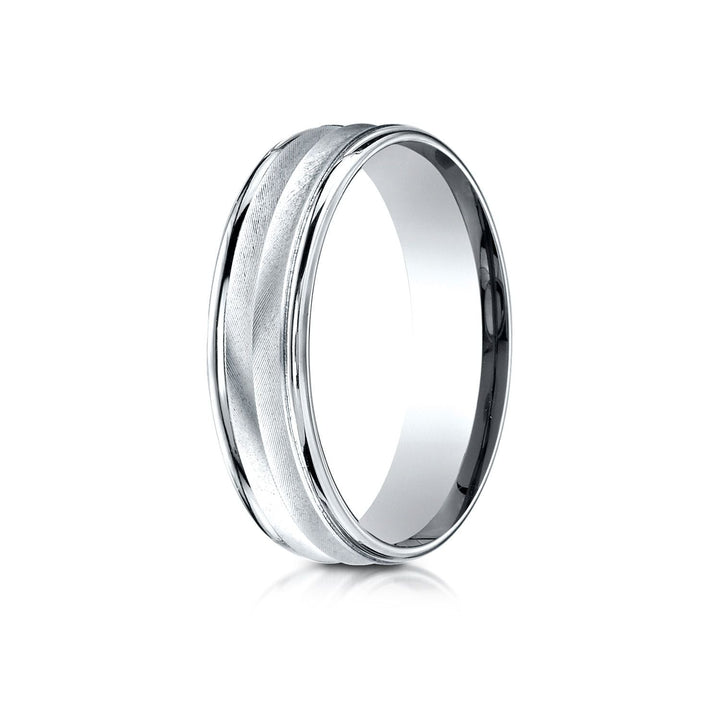 6mm High Polish Round Edge Carved Wedding Band, in 18K White Gold | RockHer