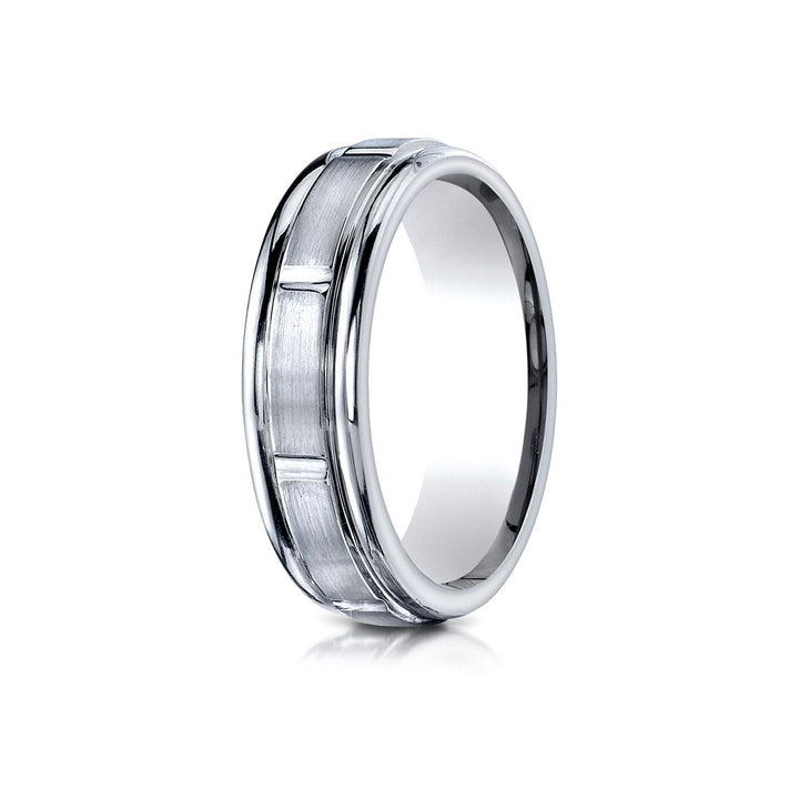 6mm Satin Finish High Polished Center Cut Carved Wedding Band, in 14K White Gold | RockHer