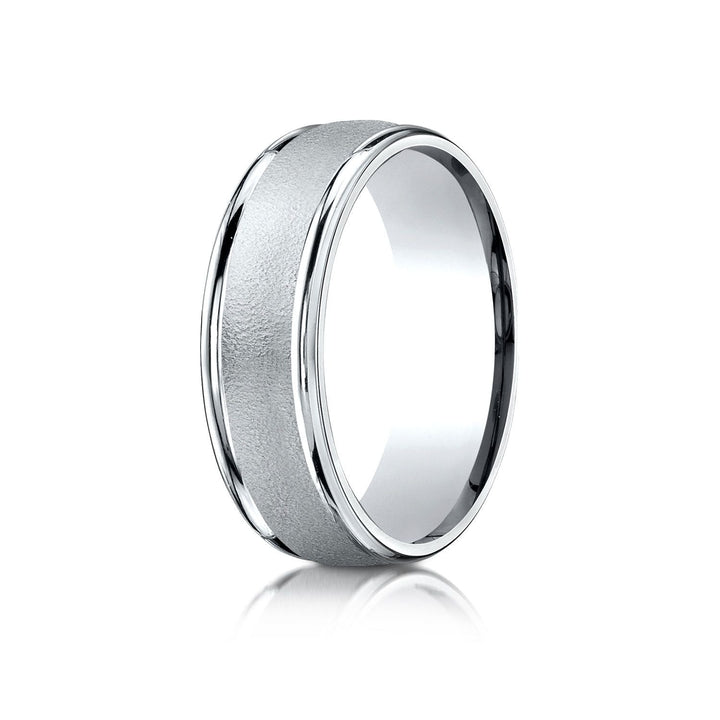 7mm Wired Finish High Polished Round Edge Carved Wedding Band, in 18K White Gold | RockHer