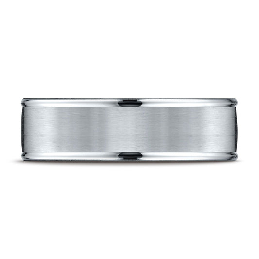 แพลตตินัม แหวนดีไซน์แกะสลักขอบกลมขัดมันสูงแบบสวมใส่สบาย 7 มม. ผิวด้านซาติน